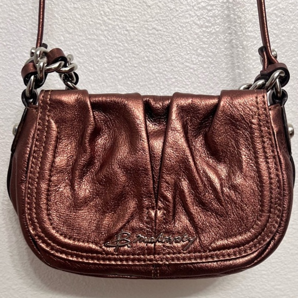 B. Makowsky Vanessa Metallic Bronze Leather Flap Crossbody Shoulder Bag
